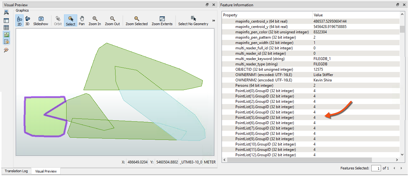Inspecting the PointList list attribute in the Feature Information Window